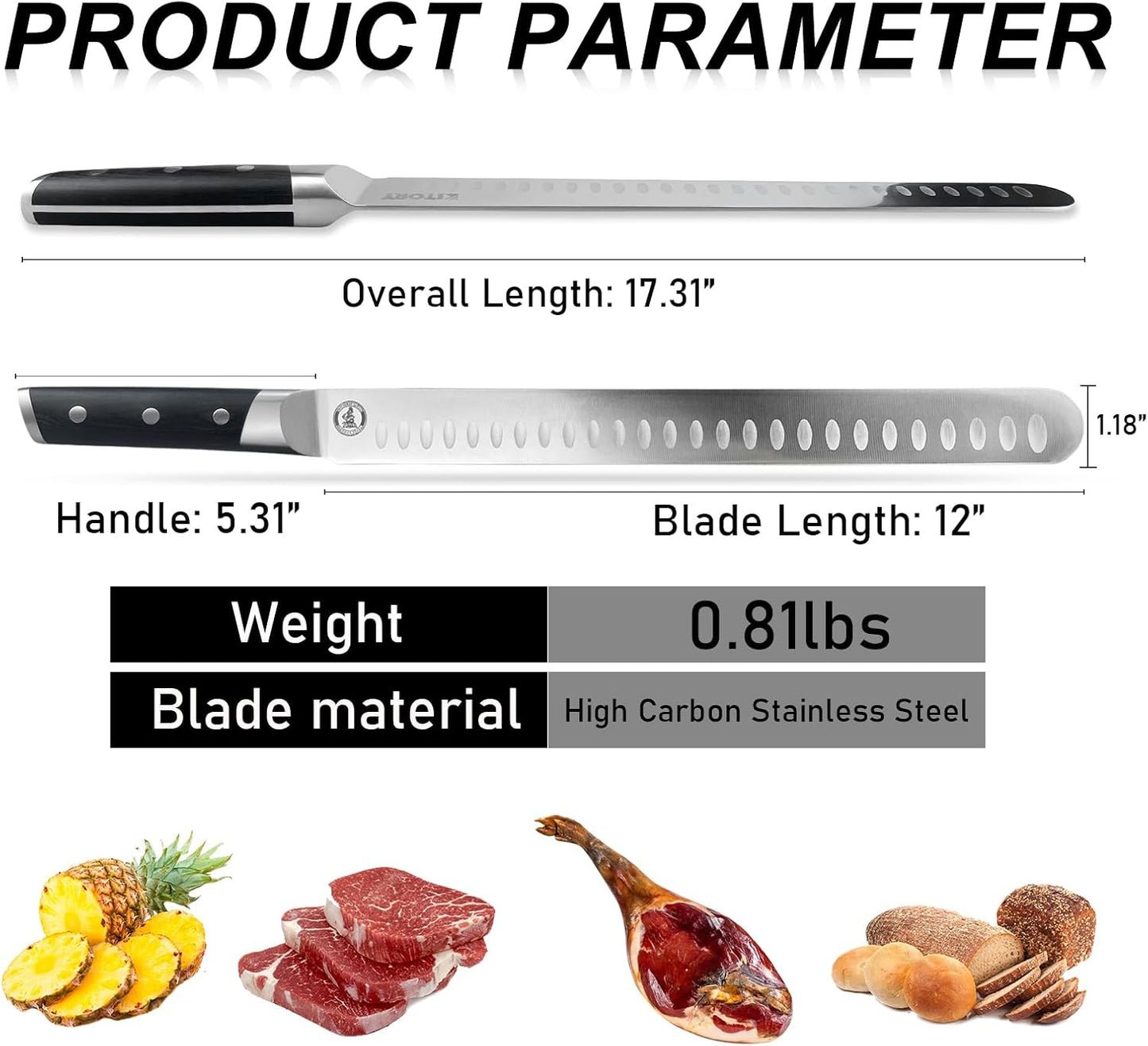 Kitory Slicing Carving Knife - 12" Brisket Knife - Pakka Wood Handle - Forged German High Carbon Steel Granton Blade, BBQ, Grilling Gifts For Men -Metadrop Series