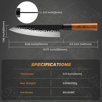 RASSE Japanese Chef Knife Gyuto Chef Knife - 8 Inch Professional Hand Forged Kitchen Knife High Carbon Japanese AUS-8 Stainless Steel Knife with Rosewood Handle & Gift Box