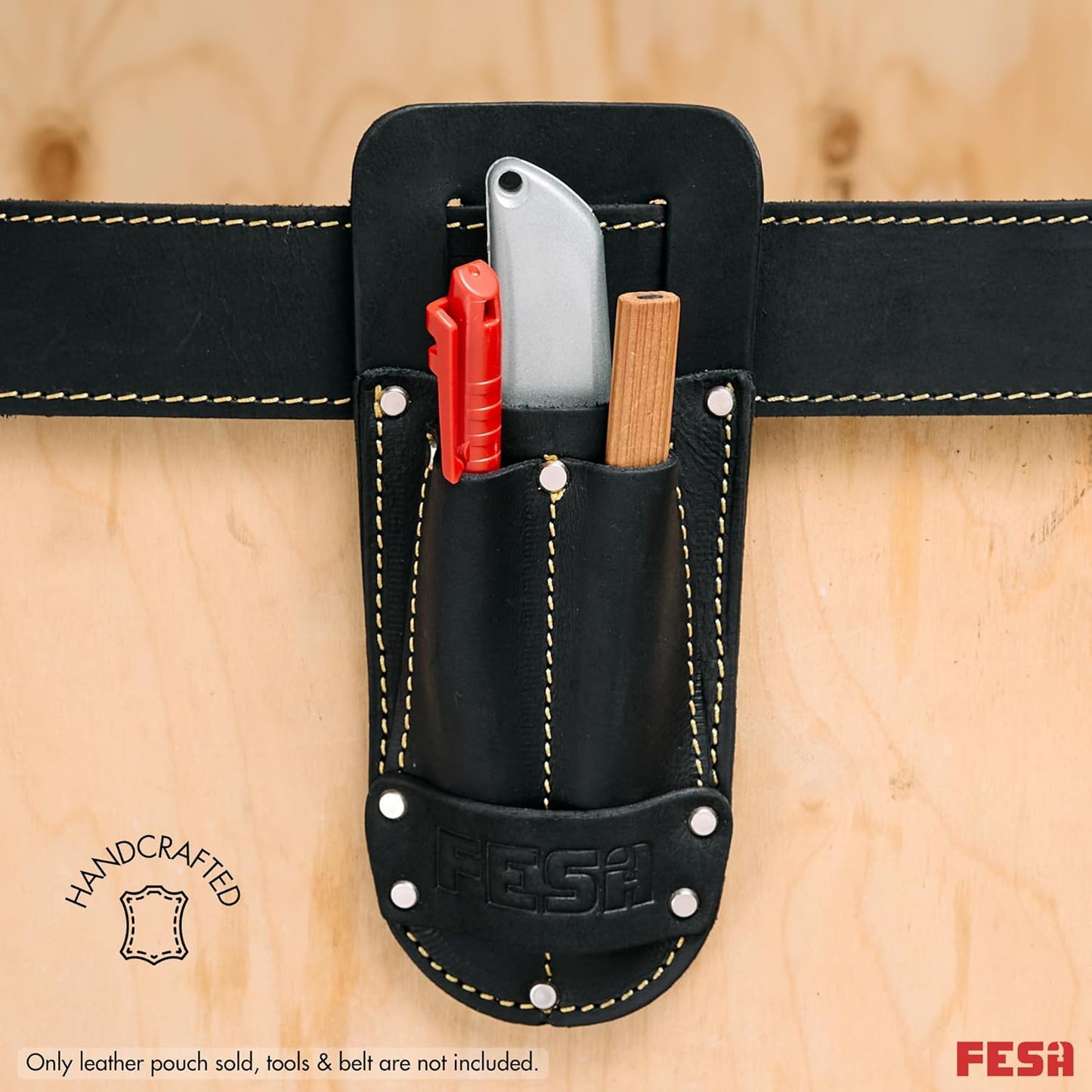 FESA Leather Utility Knife Pouch - Top Grain Leather Knife Pouch for Belt with 2 Pen/Pencil Pockets & Heavy Duty Reinforced Rivets - Fits Belts up to 2" - Handcrafted