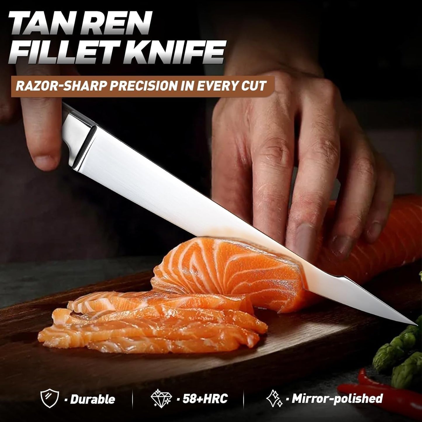TAN REN Fillet Knife for Fish, 6inch Flexible Fishing Knife with Sheath, High Carbon Steel Salmon Fillet Knives, Sharp Fish Knives for Filleting and Cleaning