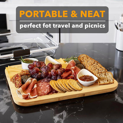 SpaceAid Charcuterie Board with Clear Lid, Portable Travel Cheese Cutting Boards for Picnic Accessories, Bamboo Serving Tray with Lids, House Warming Gifts, Black Handles, 8 Compartments