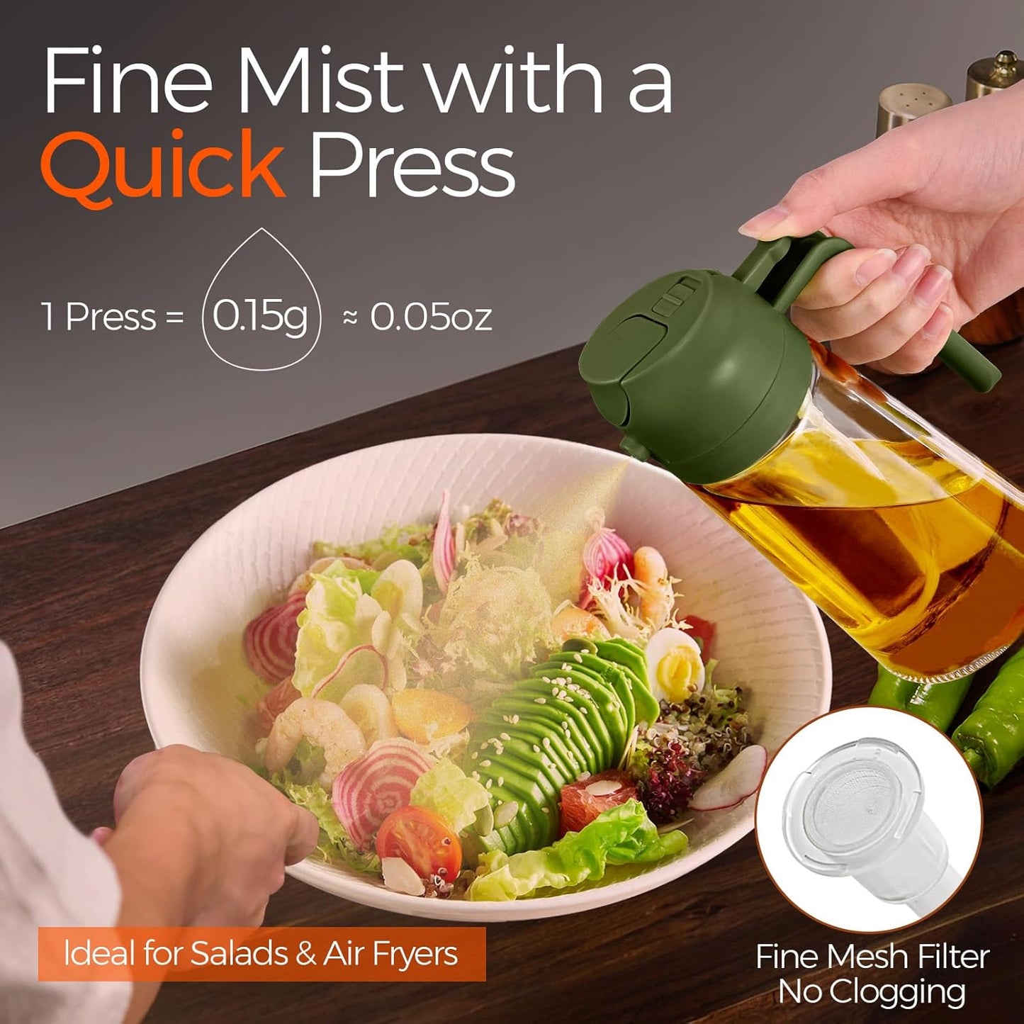 YARRAMATE 16oz/470ml Glass Olive Oil Sprayer for Cooking with Stickers, 2 in 1 Oil Dispenser for Kitchen Gadgets, Food Grade Premium Spray Bottle for Salad, Frying, BBQ (Creamy White)