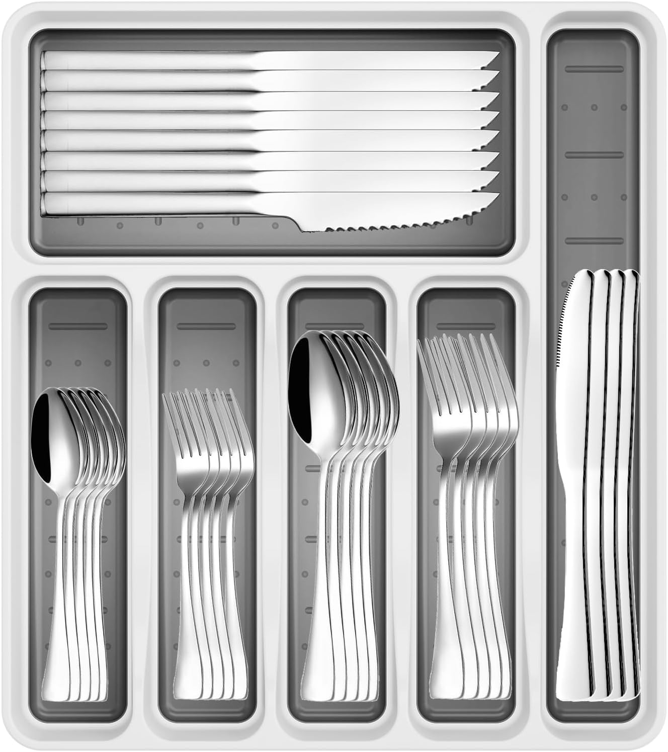 JUNLIN 49 Pieces Black Silverware Set with Steak Knives, Stainless Steel Silverware with Organizer Flatware Utensils Set for 8, Forks and Spoons Silverware Set Cutlery Set