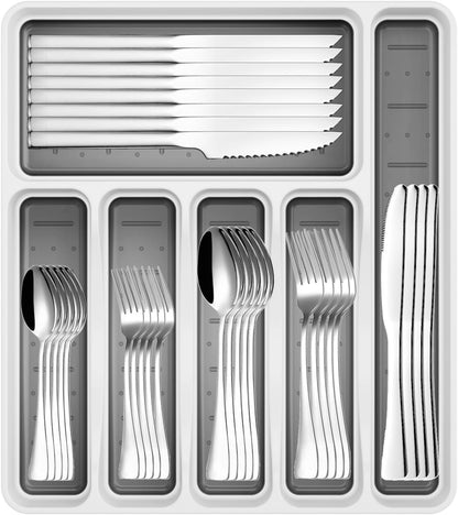 JUNLIN 49 Pieces Black Silverware Set with Steak Knives, Stainless Steel Silverware with Organizer Flatware Utensils Set for 8, Forks and Spoons Silverware Set Cutlery Set