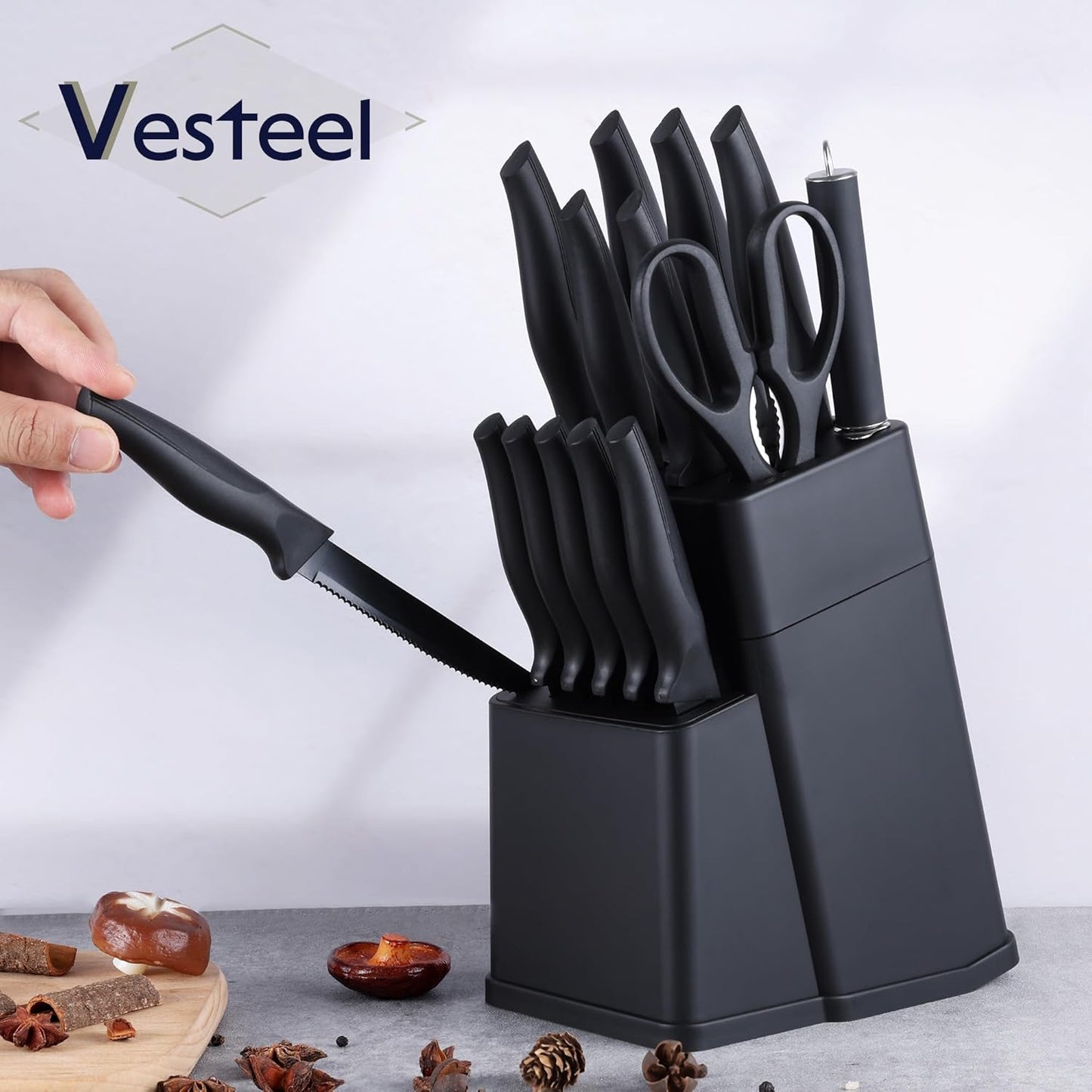 Vesteel Knife Set for Kitchen with Block, 15 Pcs High Carbon Stainless Steel Kitchen Knife Set with Sharpener Kitchen Shears - Black