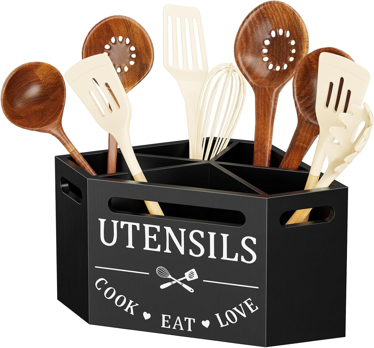 Kitchen Utensils Holder with 5 Compartments, Corner Utensil Caddy for Countertop, Black Large Wooden Utensil Organizer for Kitchen Countertop for Silverware Spoon Spatula