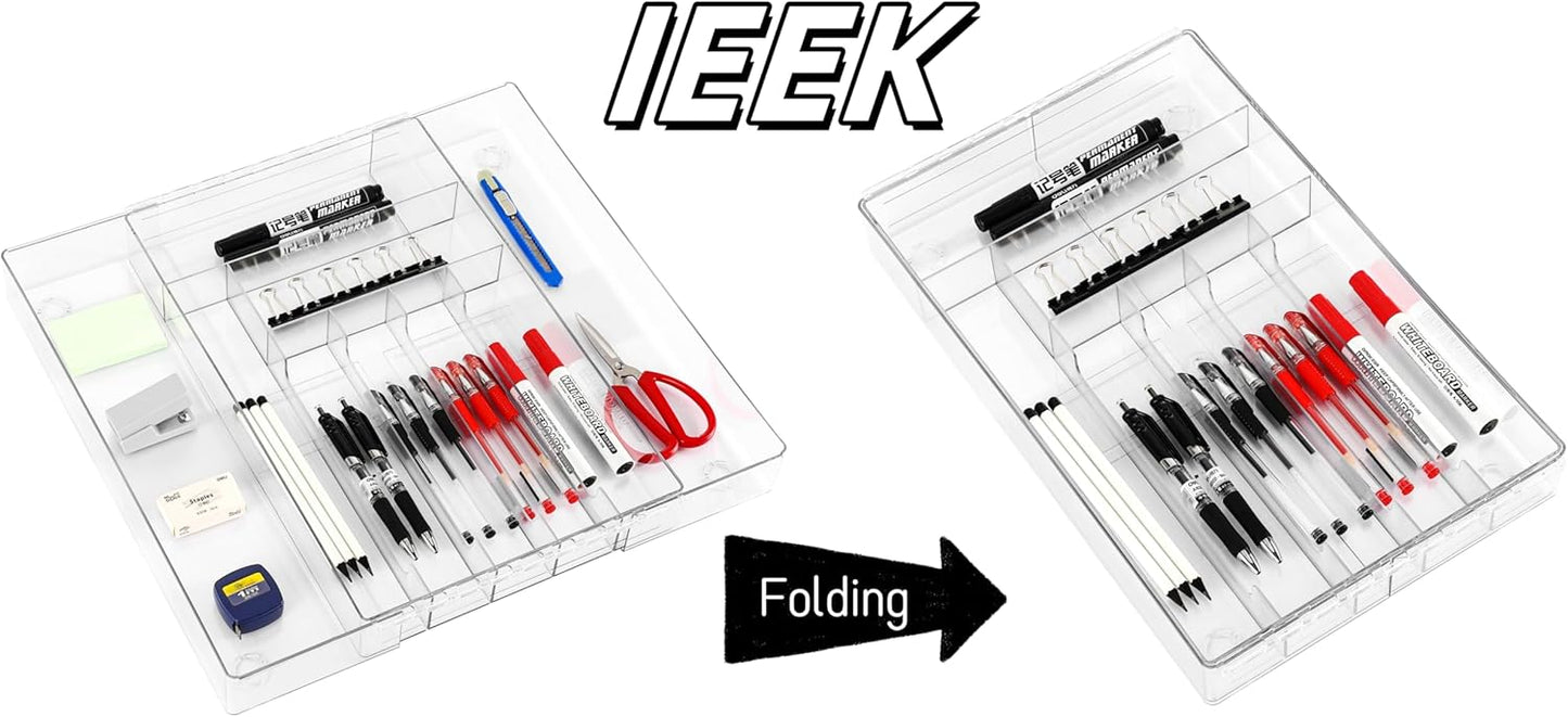 IEEK Silverware Drawer Organizer Tray for Kitchen,Expandable Utensil Tray Multipurpose Drawer Dividers Adjustable Cutlery and Flatware Holder,Plastic Spoon Forks Knives Holder Storage Divider,Clear-M