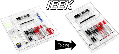 IEEK Silverware Drawer Organizer Tray for Kitchen,Expandable Utensil Tray Multipurpose Drawer Dividers Adjustable Cutlery and Flatware Holder,Plastic Spoon Forks Knives Holder Storage Divider,Clear-M