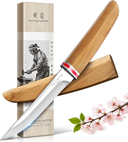 DRGSKL Camping Fixed Blade Knife - Handcrafted Japanese Knife with Wooden Sheath - Utility Knives for Cutting, Peeling and Crafting Feather Sticks - Gifts for Men