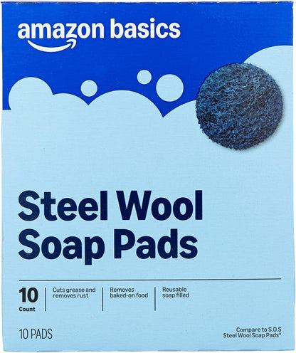 Amazon Basics Steel Wool Soap Pads, Reusable, Cuts Grease and Removes Rust, 10 Count, Pack of 1