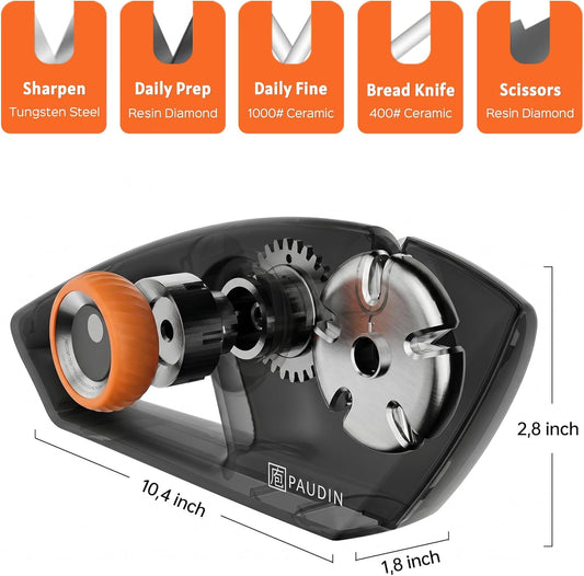 PAUDIN Precision 5-Stage Knife Sharpener, Adjustable Manual Sharpening System for Kitchen Knives and Scissors, for Straight & Serrated Blades, with Non-Slip Base and Ergonomic Handle for Safe Home Use