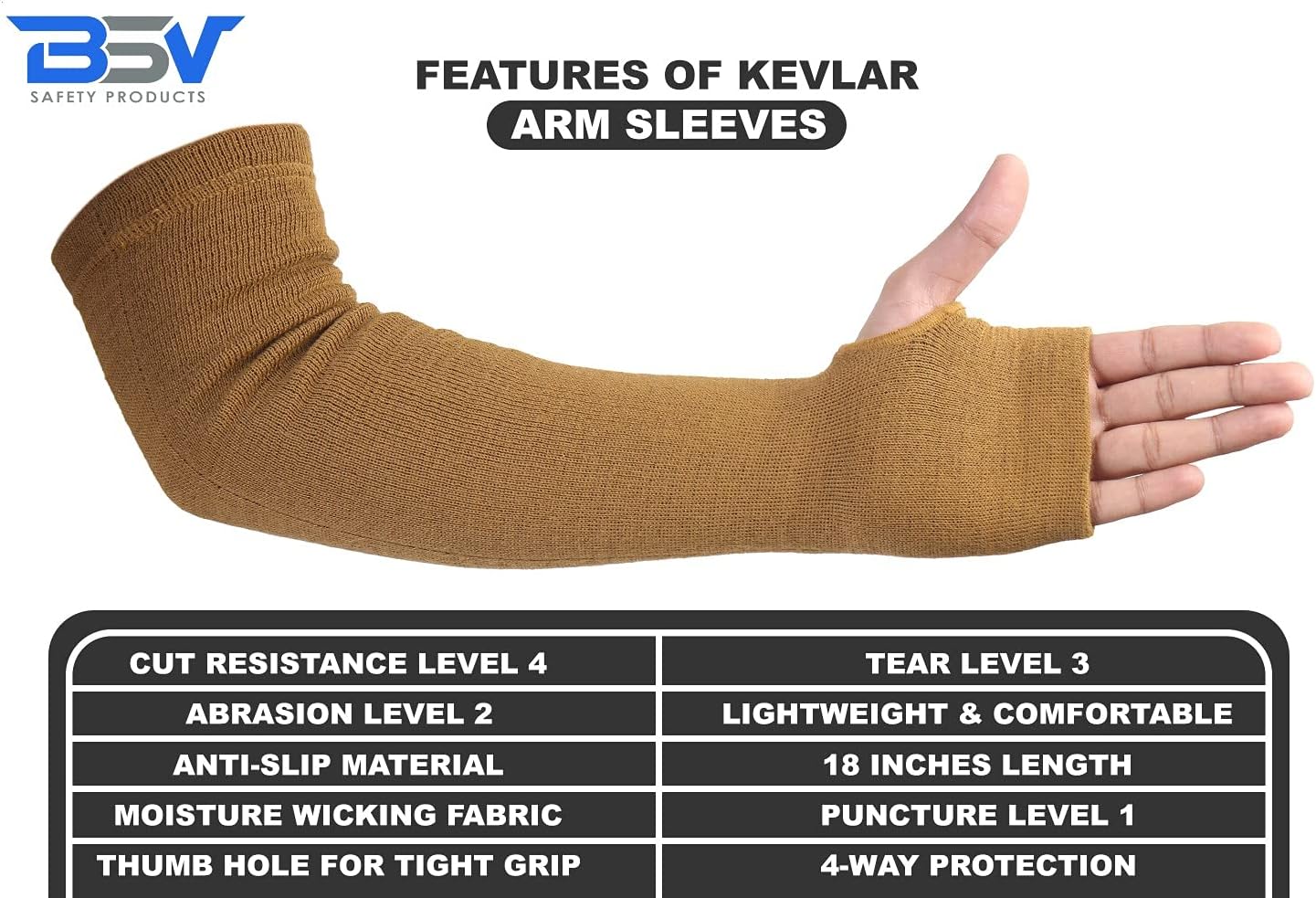 BSV Kevlar Arm Protection Sleeves with Thumb Hole - Cut, Scratch, Bite and Heat-Resistant - Unisex, 18", 1 Pair