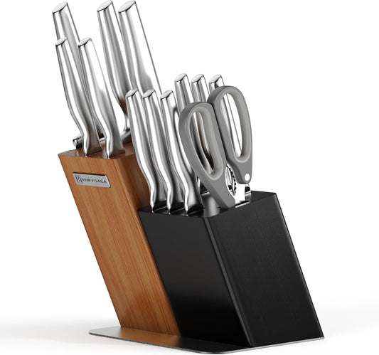 Knife Set, KnifeSaga Kitchen Knife Set with Block, 13 Pcs High-Carbon Stainless Steel Knife Block Set with Ergonomic Handles for Home & Professional Use