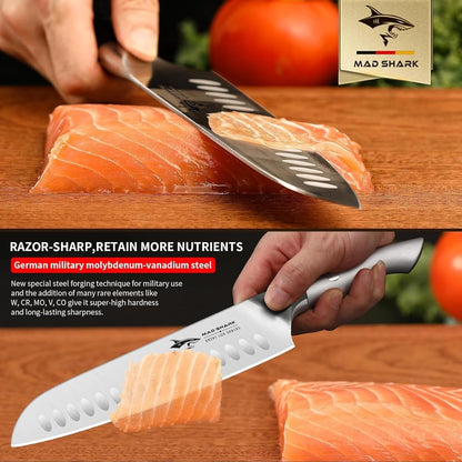 MAD SHARK 8 Inch Santoku Knife - Ultra Sharp Japanese Kitchen Knife with High Carbon German Steel, Ergonomic Handle, Ideal for Slicing, Dicing, Cutting - Unique Gift for Chefs, Men & Women (Black)