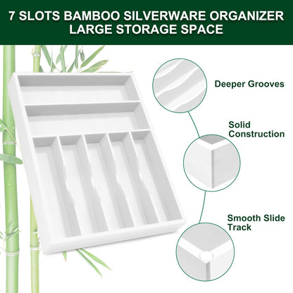 Bellsal Natural Utensil Organizer 12.5 Inch Silverware Organizer for Drawer Utensil Holder Cutlery Organizer Kitchen Drawer Organizer 7 Compartment Small Narrow Bamboo