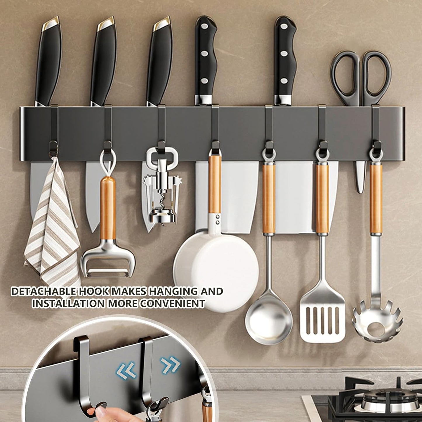 Knife Holder for Wall Mount-Knife Strips with Hooks Stainless Steel Wall Knife Rack-Knife Block-Knife Rack-Utensil Hanger-Kitchen Utensil Holder (Black, 50 CM+9 Hooks)