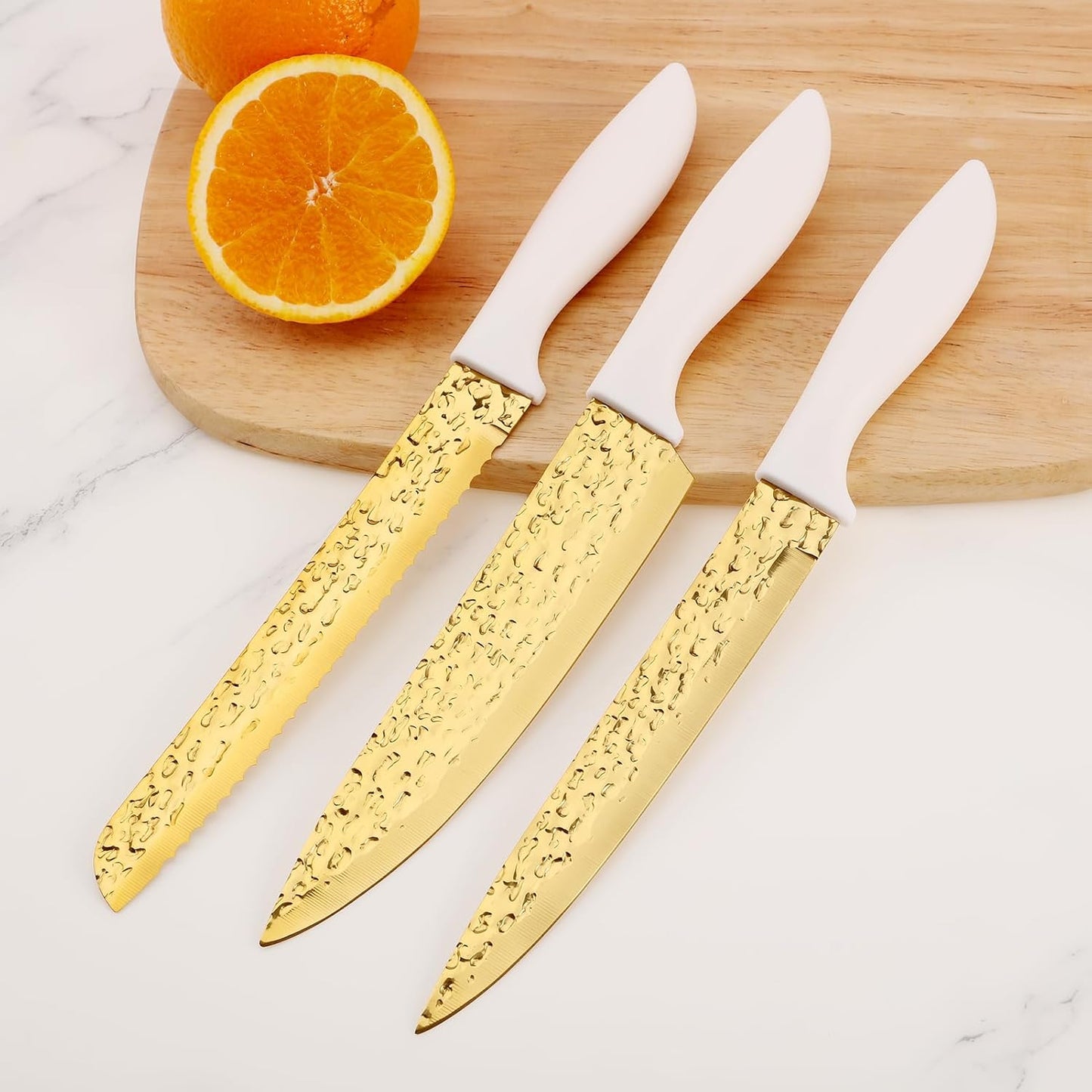 Kitchen Knife Set Non Stick Knives Set with Block Cutlery Knife Block Sets, Serrated Steak Knife, Scissors and Sharpener, 15Pcs Stainless Steel Chef Sharp Quality with Gold Blade for Home & Pro Use