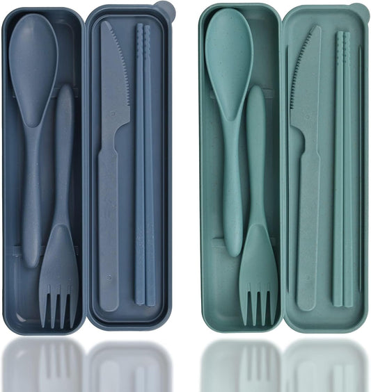 2 Sets Plastic Reusable Utensils Set with Case, Travel Chopsticks Fork Spoon Knife Set for Lunch Box, Portable Cutlery Sets for Travel Camping Daily Use (Standard)