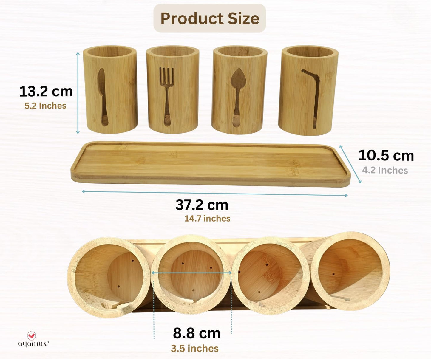 Bamboo Cutlery Holder Set - 3 Kitchen Utensils Holder Organiser with Bamboo Tray | Decorative Kitchen Countertop Stand | Knife, Fork and Spoon Holders