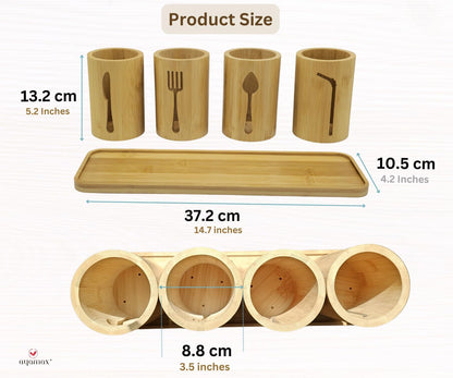 Bamboo Cutlery Holder Set - 3 Kitchen Utensils Holder Organiser with Bamboo Tray | Decorative Kitchen Countertop Stand | Knife, Fork and Spoon Holders