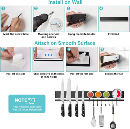 16 Inch Magnetic Knife Holder for Wall with 10 Hooks, No Drilling Magnetic Knife Strip Adhesive Magnet Bar, Wall Mount Knives Block Utensil Holder Stainless Steel Tool Rack for RV Kitchen Organization