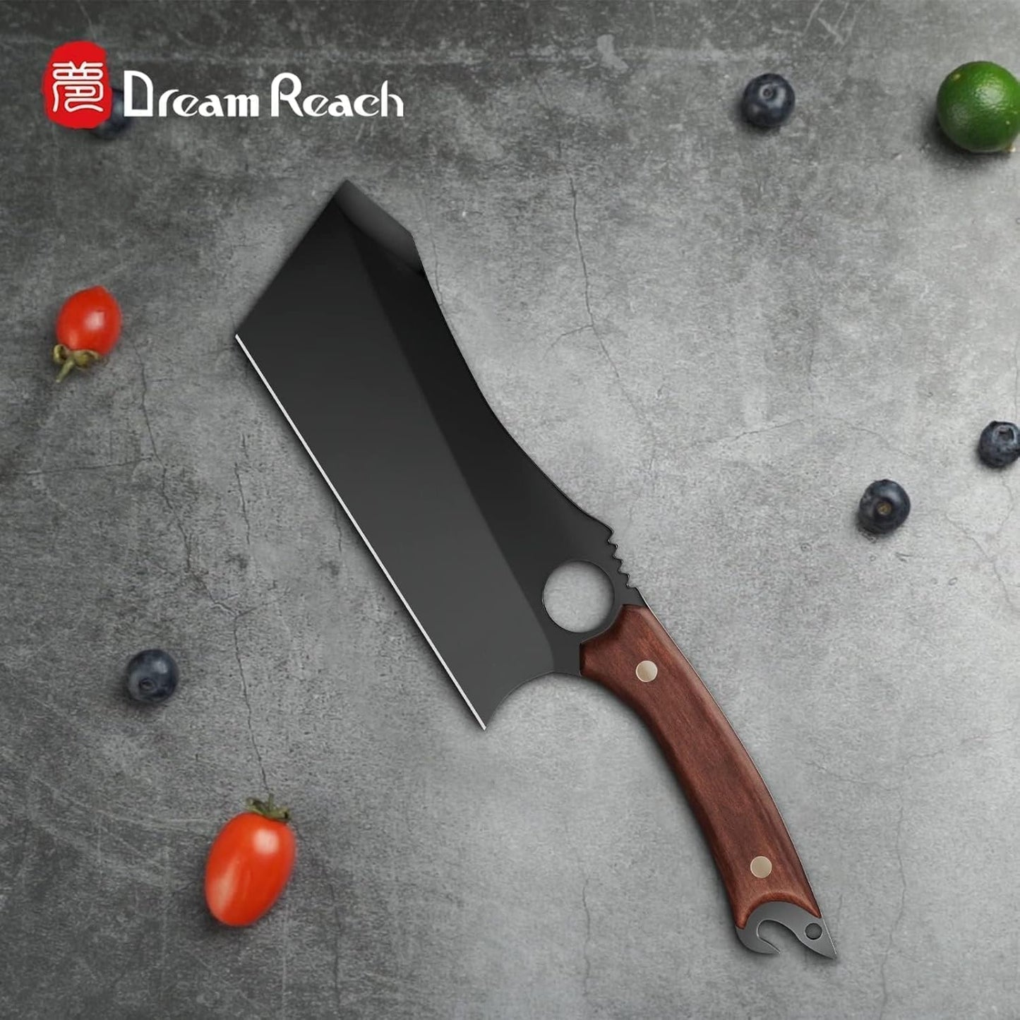 Dream Reach Meat Cleaver, 6.9 inch Black Boning Knife, High Carbon Steel Sharp Kitchen Forged In Fire Knife with Sheath Gift Box Bottle Opener for Outdoor Camping, Christmas Gifts for Men Women