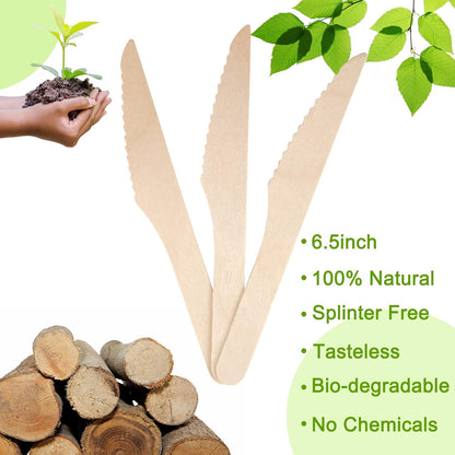 200 Disposable Knives - 6.5 Inch Long Wooden Cutlery - Biodegradable Silverware for Catering Formal Events, Parties, Picnics, Camping, Travel, Weddings, and Other Occasions