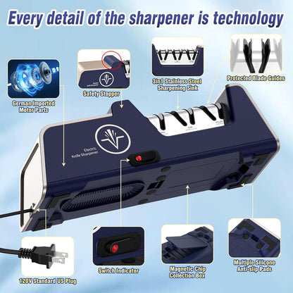 Electric Knife Sharpener for 15 to 20-Degree Knives 100% Diamond Abrasive Stropping Precision Guides for Straight&Serrated Edges&Ceramic Knife, Single&Double-bevel Knives, 3-Stage