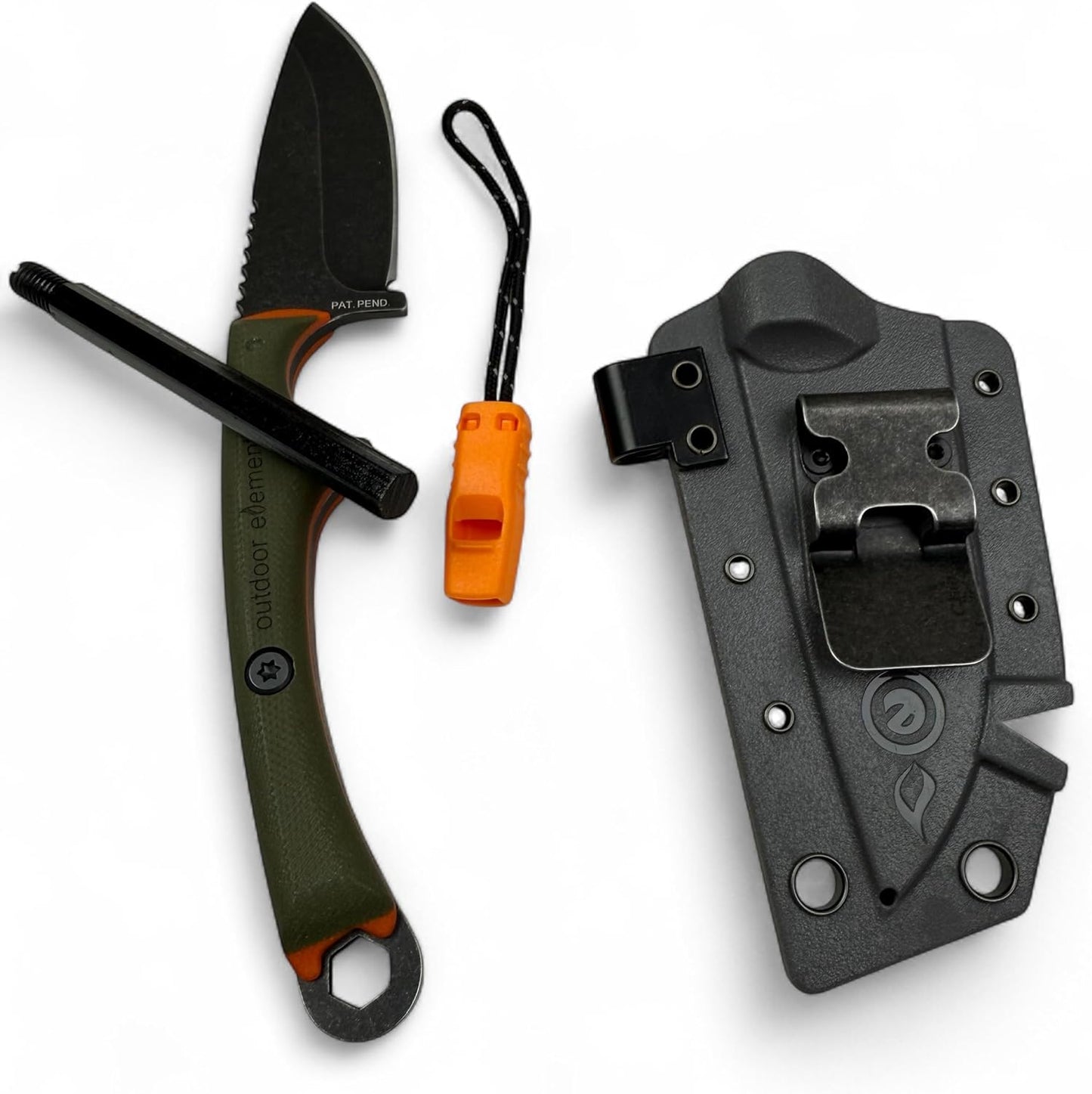 Scout Feather Glow - Fixed Blade Survival Knife with built-in Firestarter for Camping, Hunting, Outdoor Adventure and Culinary Need - VG10 Blade, Whistle, Knife Sharpener, Compact Sheath & G10 Handle