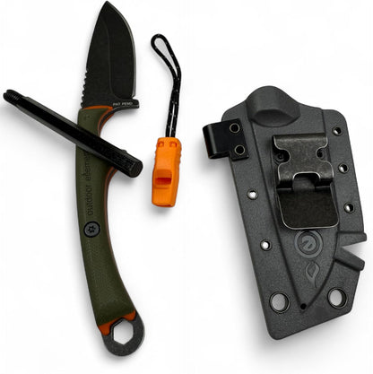 Scout Feather Glow - Fixed Blade Survival Knife with built-in Firestarter for Camping, Hunting, Outdoor Adventure and Culinary Need - VG10 Blade, Whistle, Knife Sharpener, Compact Sheath & G10 Handle