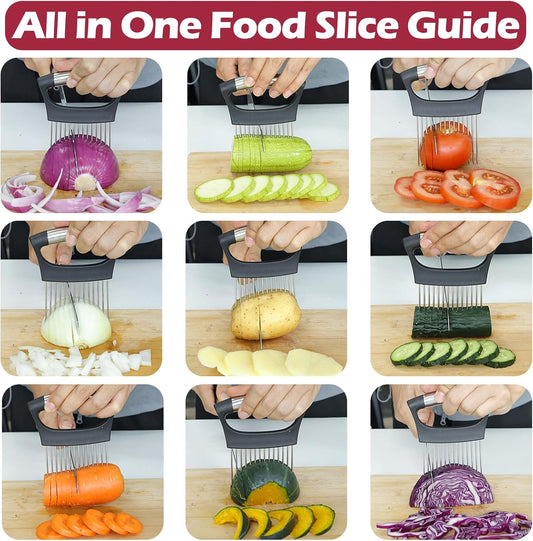 JAYVAR Extra-Large Onion Holder for Slicing, 304 Stainless Steel Onion Cutter Vegetable Chopper, Extra-Large Tomato Slicer with 16 Long Needles, Potato Slicer, Meat Tenderizer, Food Slicing Guide