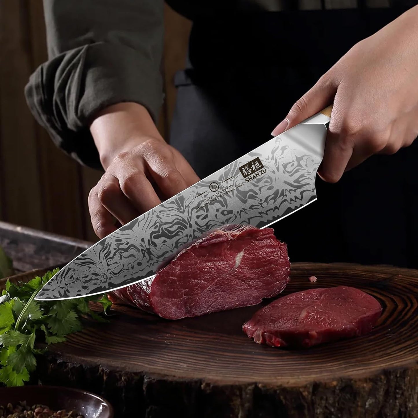 SHAN ZU Damascus Chef Knife, SG2 Powder Steel Japanese Kitchen Knife, 7 inch Hand Forged 91 Layers Damascus Steel Ultra Sharp Knife with Ergonomic Maple Handle