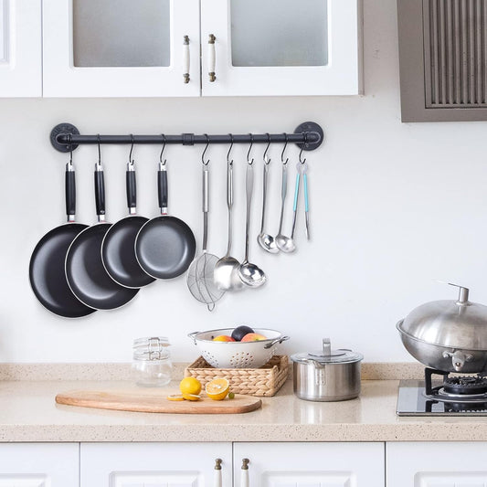 WuGeShop 50.4 inch Hanging Pot Rack Wall Mounted Pot Pans Hanging Rail, Industrial Long Pot Pan Bar With 15 S Hooks, Black Pot Hangers Kitchen Pot and Pan Hanging Rack