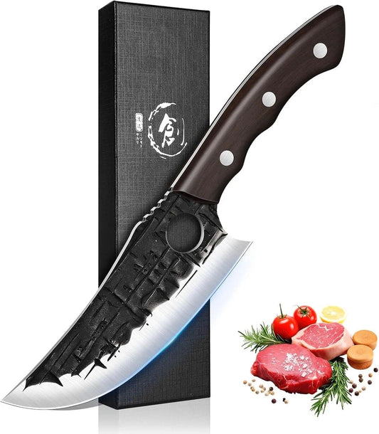 TIJERAS Butcher Knife Set, Hand Forged BBQ Viking Meat Cleaver Knives, Professional Chef Knife Set with Roll Bag for BBQ, Camping, Birthday Gifts for Men Women