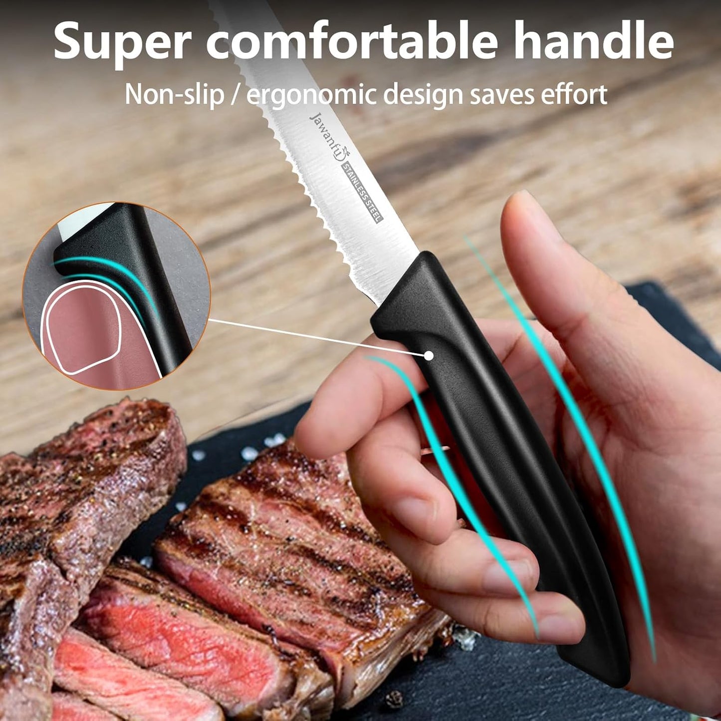 Steak Knife Set of 6, Serrated Steak Knives, Premium Stainless Steel Multi Functional Knife, Dishwasher Safe, Black