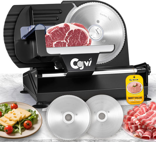 CGOLDENWALL Meat Slicer, 220W Electric Deil Food Slicer with 2 Removable 7.5" Blades, 4/5" Adjustable Thickness, Food Slicer Machine for Home Cutting Meat Cheese Bread Vegetables, 110V CE