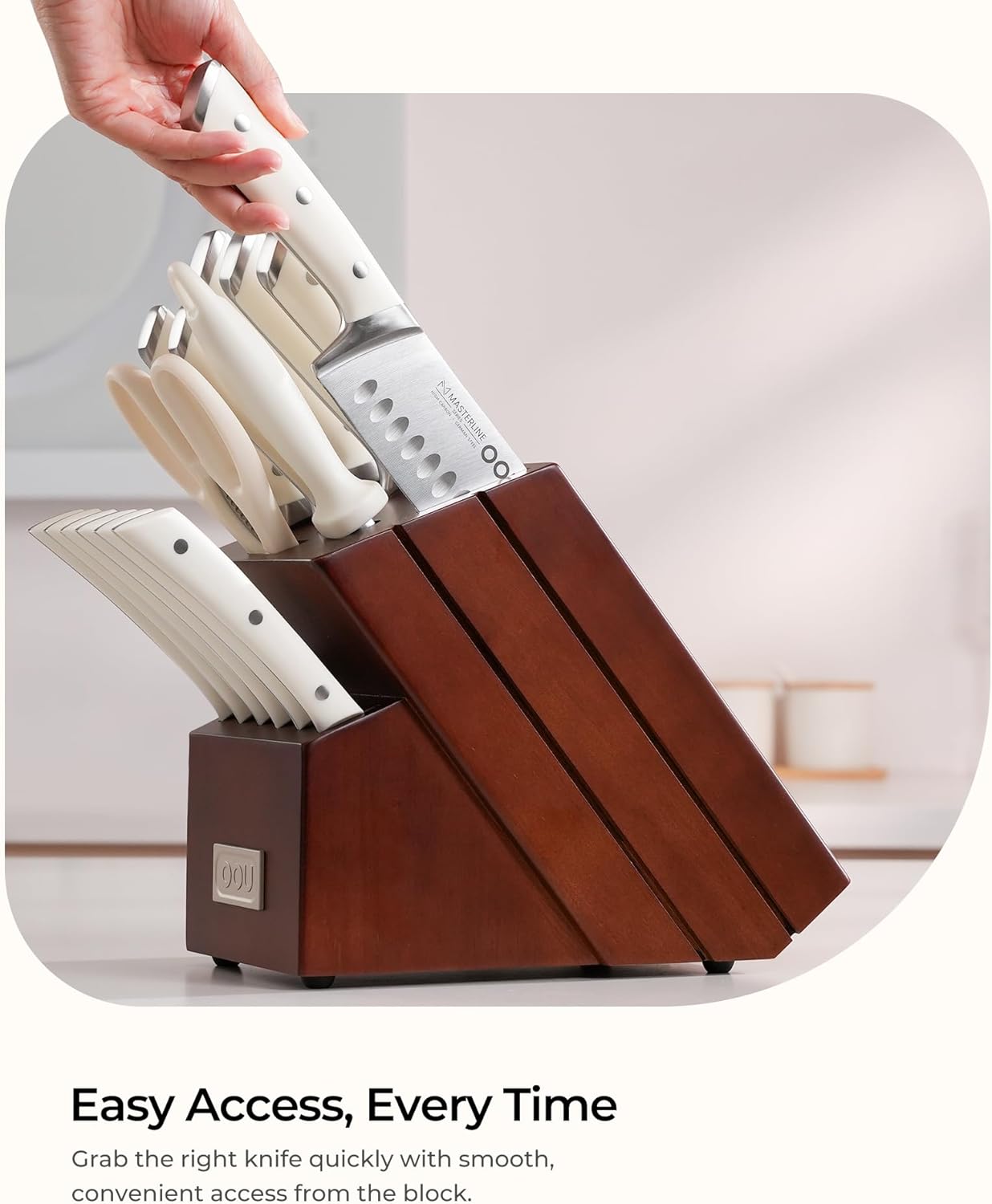 OOU 2025 Kitchen Knife Set with Block, 15-Piece German Stainless Steel Knife Blcok Set with Sharpening Rod, Ergonomic Wood Handle,Premium Razor-Sharp Knives Set for Kitchen