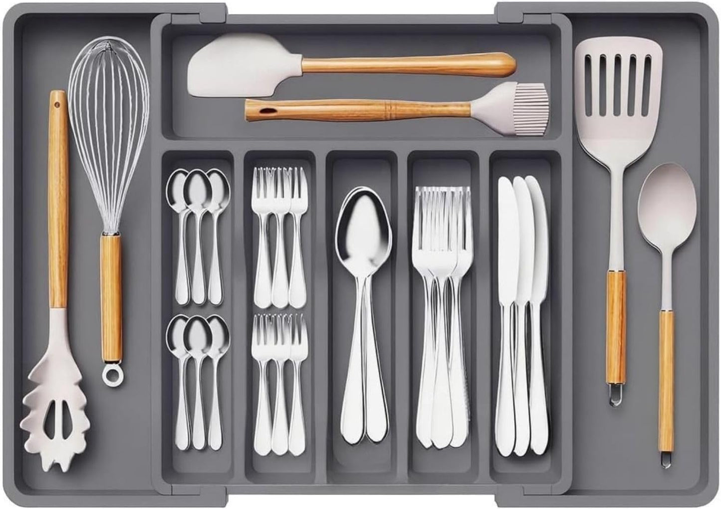 Expandable Drawer Organizer, BPA Free Utensil, Adjustable Flatware & Cutlery Holder/Divider Tray for Spoons Forks, Knives Kitchen Tableware Storage -13-22.4 X 15 X 2 inch(8-Slots/Grey)