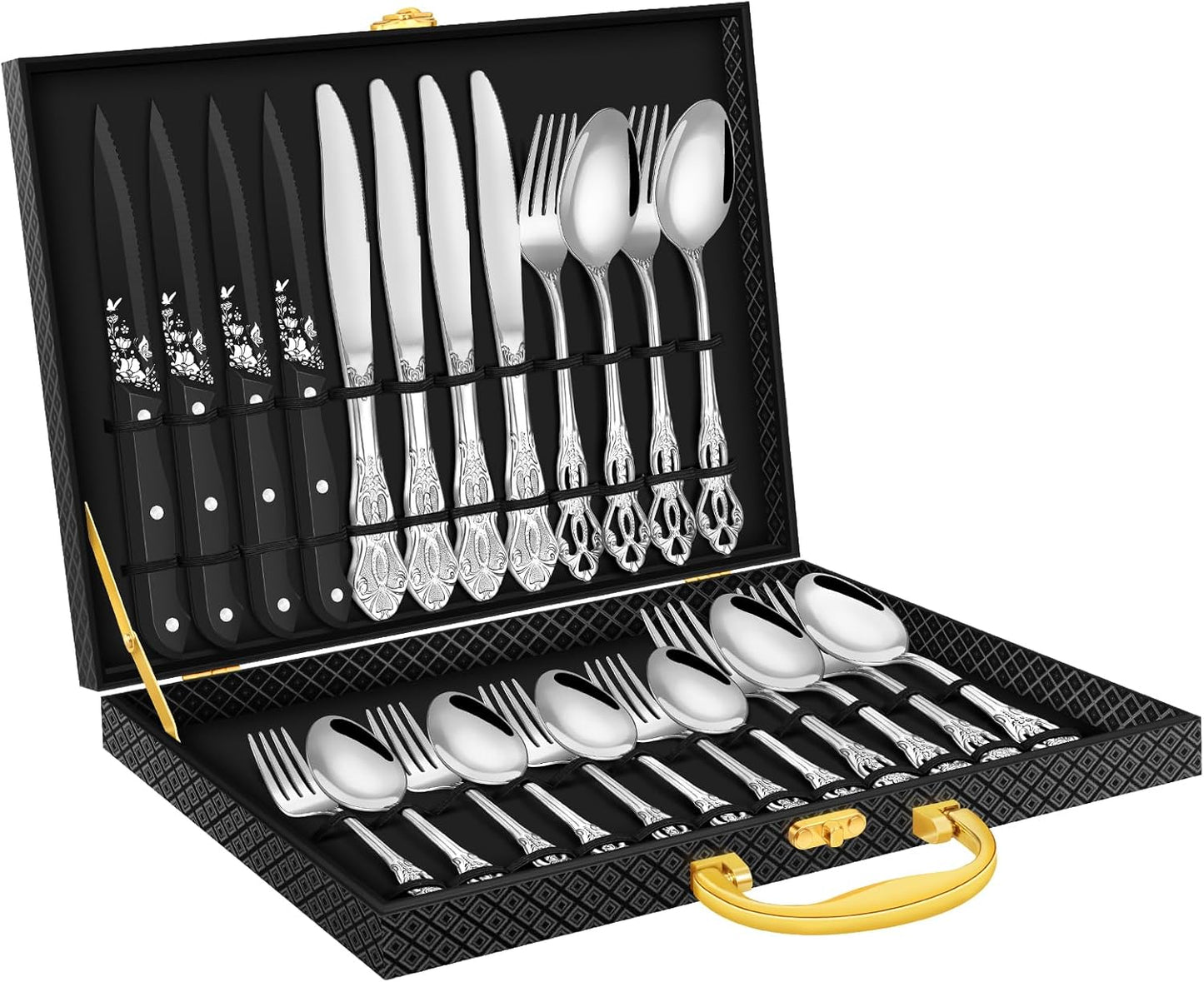 Black Silverware set with Steak Knives, Ollex 24PCS Retro Royal Flatware Set for 4 with Box, Food-Grade Stainless Steel Utensil Sets Includes Spoons Forks and Knives, Mirror Finish Dishwasher Safe