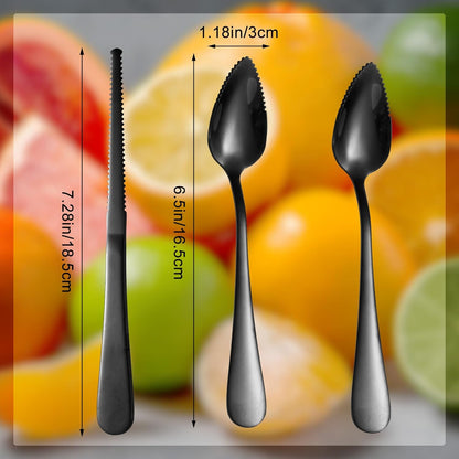 3pcs Grapefruit Spoons and Knife Set with Serrated Edge, Stainless Steel Grapefruit Curved Serving Utensils for Citrus Lemon Kiwi Melon Lime Pitaya Fruit