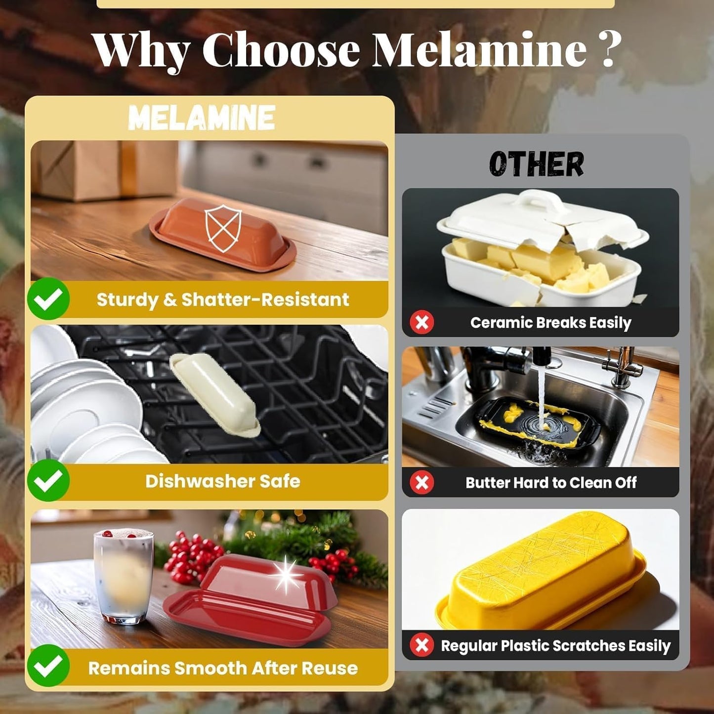 BPA-Free Melamine Butter Dish with Lid & Stainless Steel Knife - Farmhouse Butter Keeper for Countertop & Refrigerator, Dishwasher Safe, Holds 1 Stick with East & West Coast Butter-Cream