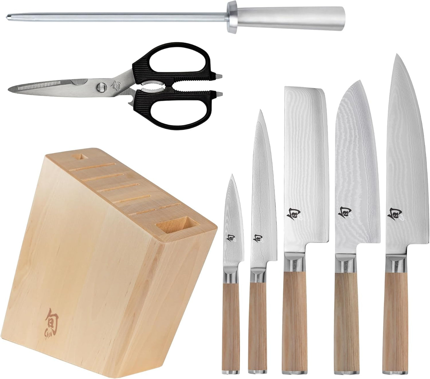 Shun Classic Blonde 6 Piece Block Set, Includes 8" Chef, 3.5" Paring, 6.5" Nakiri, 6" Utility Knives, Honing Steel & Angled Knife Block, Handcrafted Japanese Knife Set, Pakkawood Handles