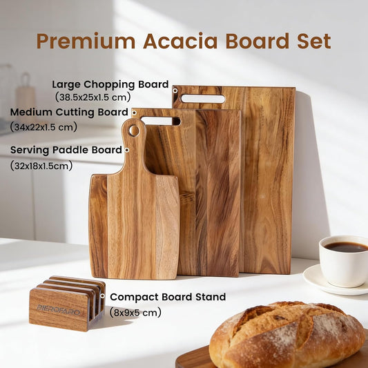 Acacia Wood Cutting Board Set of 3 with Stand – Kitchen & Charcuterie Serving Boards, Multi-Size Wooden Chopping Boards for Meat, Veggies & Fruit, Easy Clean & Space-Saving Display