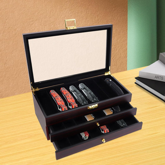Knife Display Case with Lock, 3-Tier Ebony Storage Box & 22 Compartments - Vintage Knife Collection Organizer for Men Gift