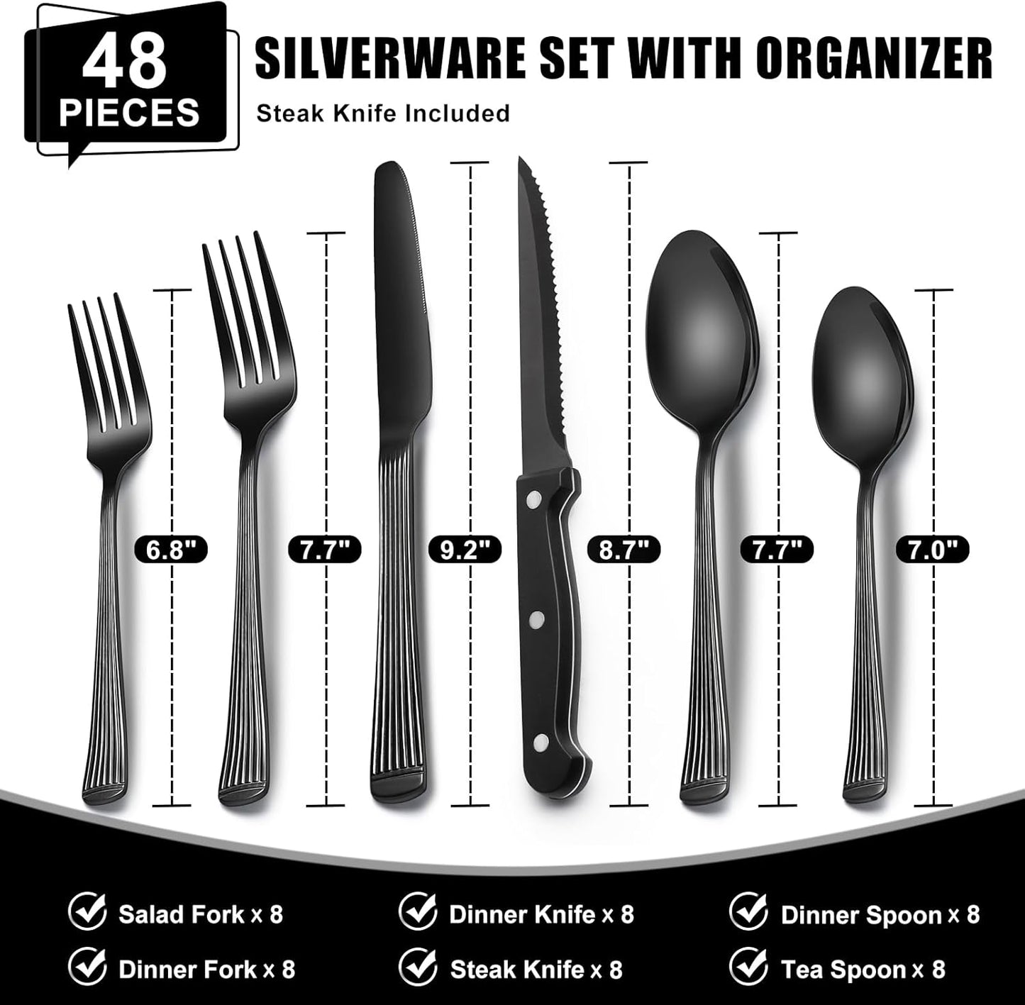 49-Piece Silverware Set with Organizer, Heavy Duty Stainless Steel Flatware Set for 8, Cutlery Utensil Sets with Steak Knives, Rust-proof, Mirror Polished, Dishwasher Safe, Heavy Duty