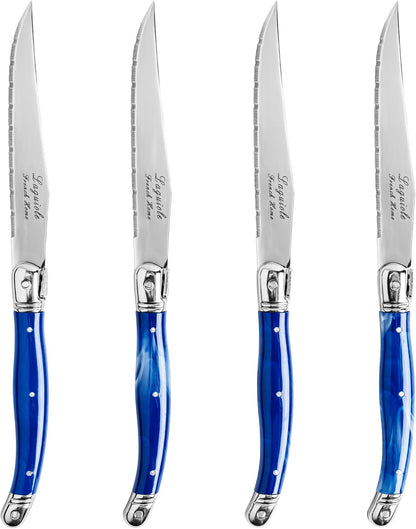 French Home Laguiole 4-Piece Steak Knife Set – Sophisticated Stainless Steel Dinner Knives with Navy Blue Handles & Iconic Bee Emblem – Serrated Knives for Smooth Cutting (9.25")