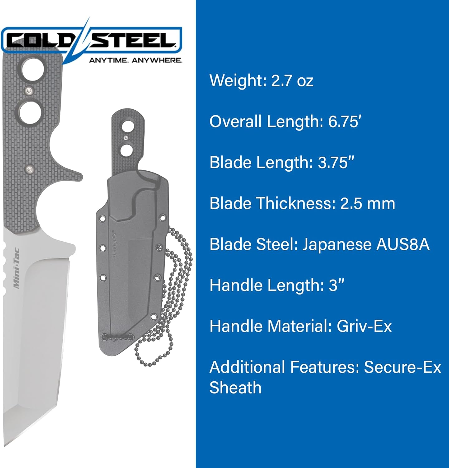 COLD STEEL Mini Tac Tanto 3.75" AUS8A Razor-Sharp Blade 3" Griv-Ex Handle Tactical Fixed Blade Neck Knife w/Secure-Ex Sheath