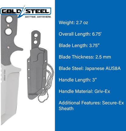 COLD STEEL Mini Tac Tanto 3.75" AUS8A Razor-Sharp Blade 3" Griv-Ex Handle Tactical Fixed Blade Neck Knife w/Secure-Ex Sheath