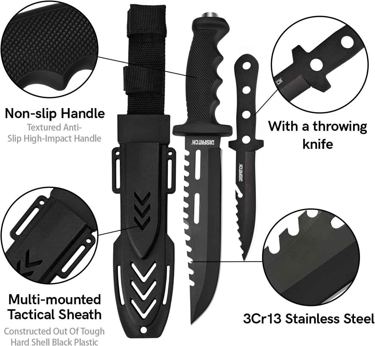 Dispatch Fixed Blade Hunting Knife with Sheath, 12-inch Survival Knives for Men Tactical Bowie Knife with Non-Slip Handle for Bushcraft, Outdoor Camping
