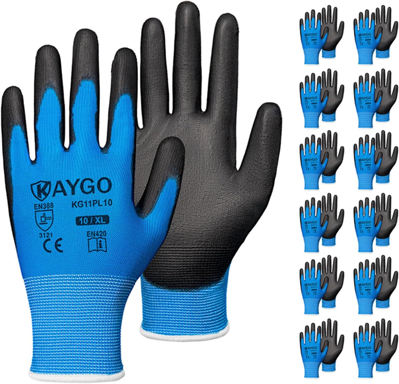 KAYGO Work Gloves for Men and Women,12 Pairs Seamless Knit PU Coated Safety Gloves, with Smooth Grip on Palm and Fingers, Ideal for Light Warehouse, Manufacturing, Gardening, KG11P (M, Black)